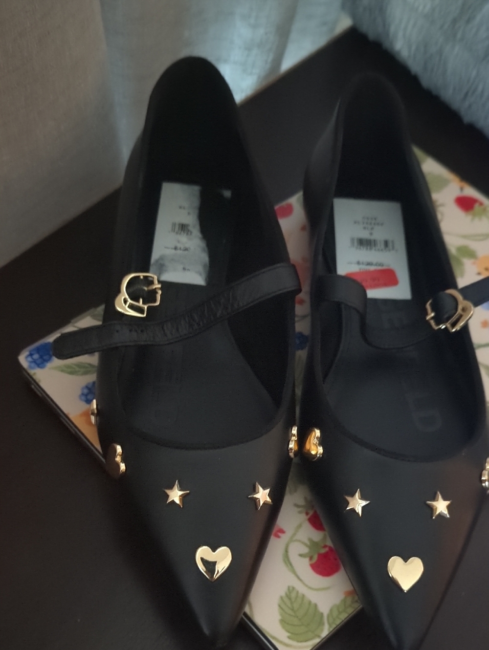 Karl Lagerfeld Black Pointed Mary Jane Flats with Gold Star & Heart Accents